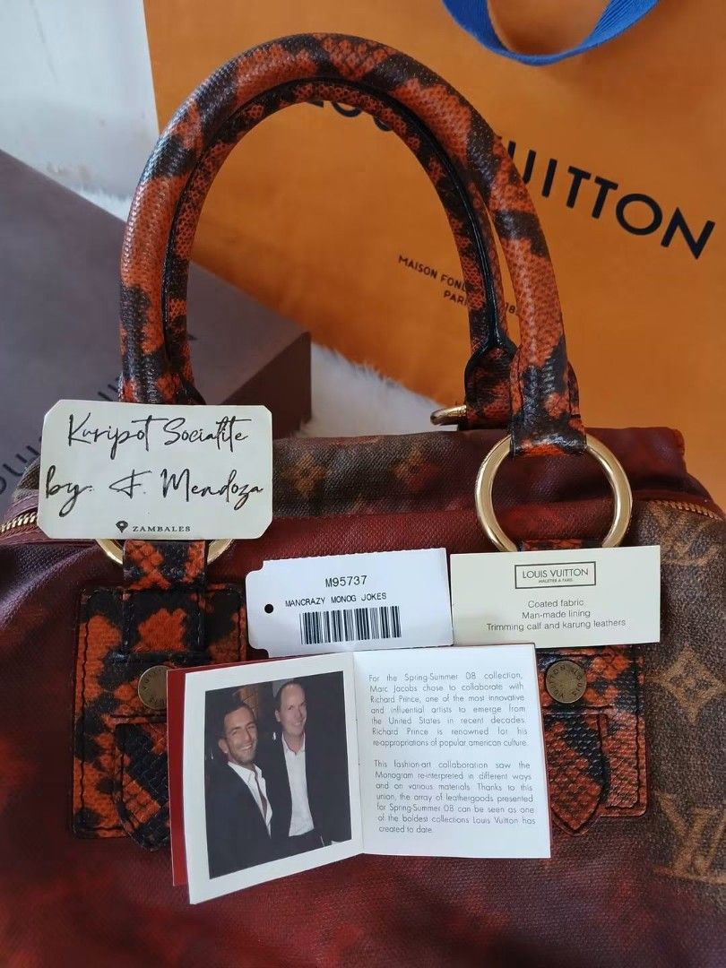 Louis Vuitton Monogram Joker Bag Spring Summer 08 (Category: Luxury Bags & Wallets) located in Masinloc. Submitted by normanmndz31986 (Listing ID 1464759062, Image 2). Description: - Rare LIMITED EDITION Louis Vuitton "MANCRAZY JOKES"from 2008 Richard Prince collaboration - Striking gradient monogram canvas paired with vibrant orange and black python handles - Accentuated with polished gold-tone hardware and edgy double-zipper side details - Feat