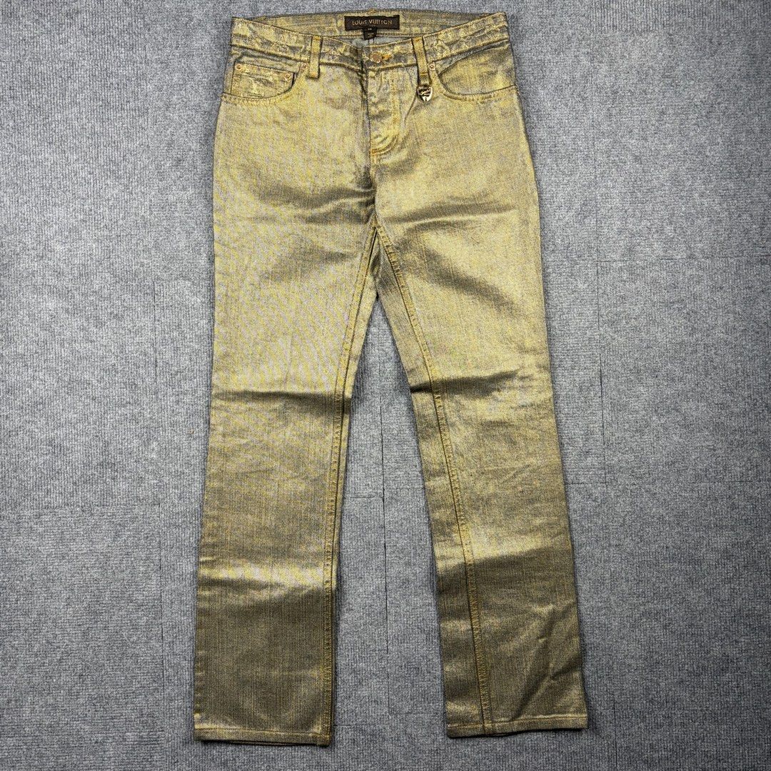 Louis Vuitton Rare Metallic Gold Pants (Category: Luxury Apparel) located in Manila. Submitted by yourtherapist_ (Listing ID 1464713680, Image 1). Description: Louis Vuitton Rare Metallic Gold Pants Size: 36 Condition: Excellent Flaw: Black mark on back Material: 100% Cotton Made in: Italy Measurements Waist: 28 Length: 37 Hem: 7 Front Rise: 9.5 Thigh: 9 20,000.