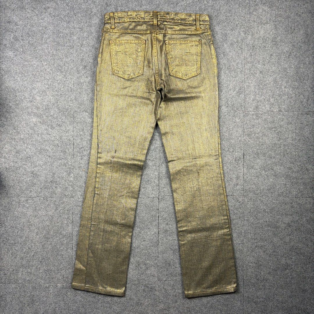 Louis Vuitton Rare Metallic Gold Pants (Category: Luxury Apparel) located in Manila. Submitted by yourtherapist_ (Listing ID 1464713680, Image 2). Description: Louis Vuitton Rare Metallic Gold Pants Size: 36 Condition: Excellent Flaw: Black mark on back Material: 100% Cotton Made in: Italy Measurements Waist: 28 Length: 37 Hem: 7 Front Rise: 9.5 Thigh: 9 20,000.