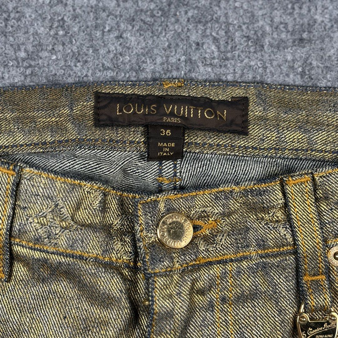 Louis Vuitton Rare Metallic Gold Pants (Category: Luxury Apparel) located in Manila. Submitted by yourtherapist_ (Listing ID 1464713680, Image 3). Description: Louis Vuitton Rare Metallic Gold Pants Size: 36 Condition: Excellent Flaw: Black mark on back Material: 100% Cotton Made in: Italy Measurements Waist: 28 Length: 37 Hem: 7 Front Rise: 9.5 Thigh: 9 20,000.