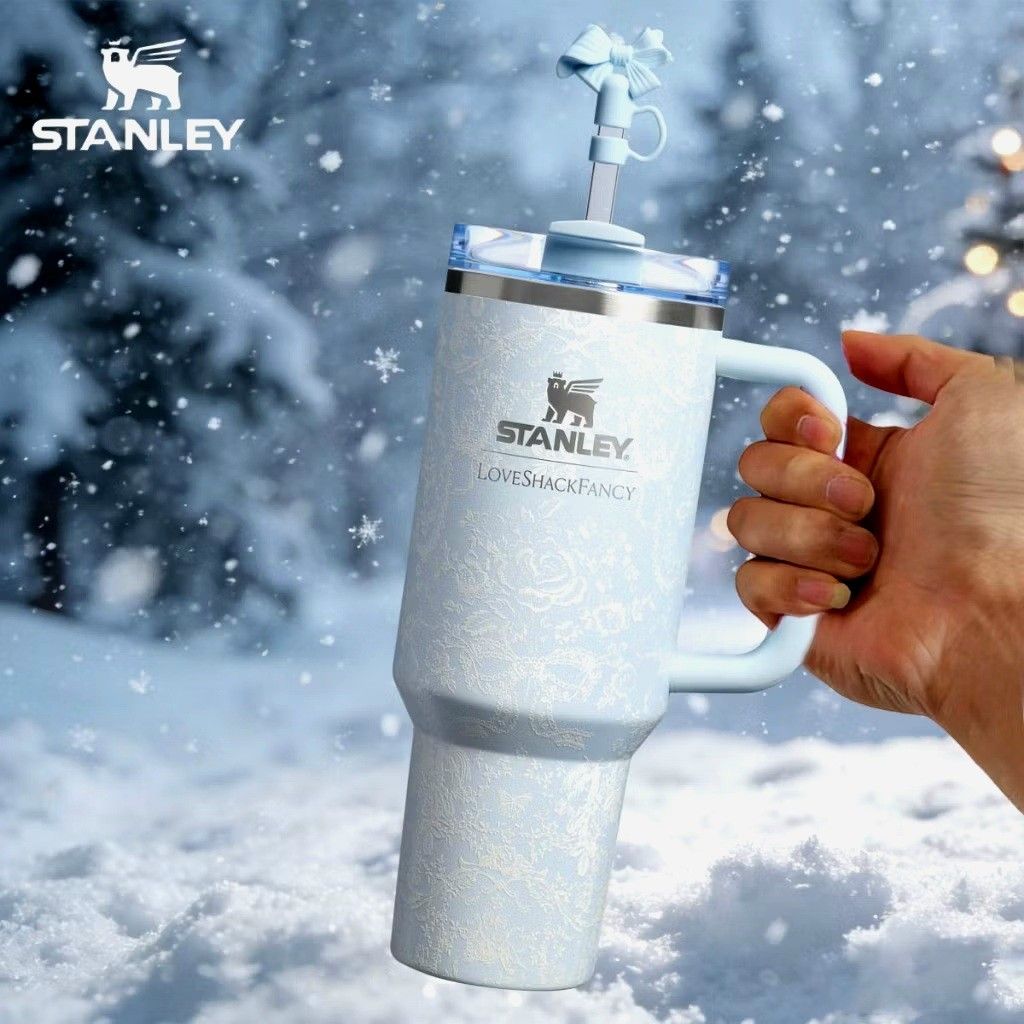LOVESHACKFANCY QUENCER GIFT SET TUMBLER ELEGANT BLUE (Category: Water Bottles & Tumblers) located in Quezon City. Submitted by happy.cutie888 (Listing ID 1464748383, Image 2). Description: NEW Stanley x LoveShackFancy Quencher H2.0 FlowState Tumbler Gift Set Limited-edition Stanley x LoveShackFancy collaboration! This stunning 40 oz Quencher H2.0 FlowState Tumbler features a gorgeous, romantic white floral toile pattern over a dreamy pastel backg
