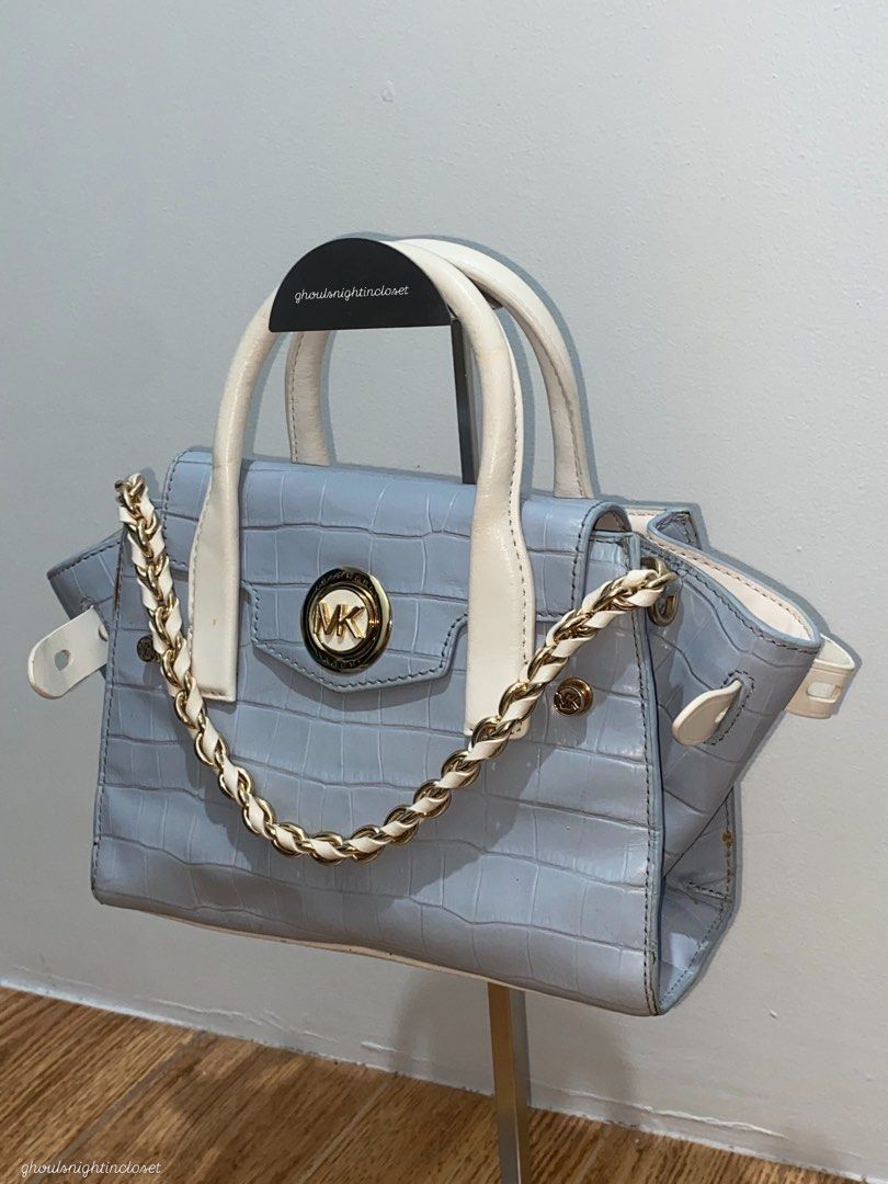 M ⁠♡⁠ K Light Blue Satchel with Chain Strap (Category: Luxury Bags & Wallets) located in Davao. Submitted by ccfinds_ph (Listing ID 1464680265, Image 1). Description: * Condition: Well-loved with visible scuffing and discoloration on handles/corners .