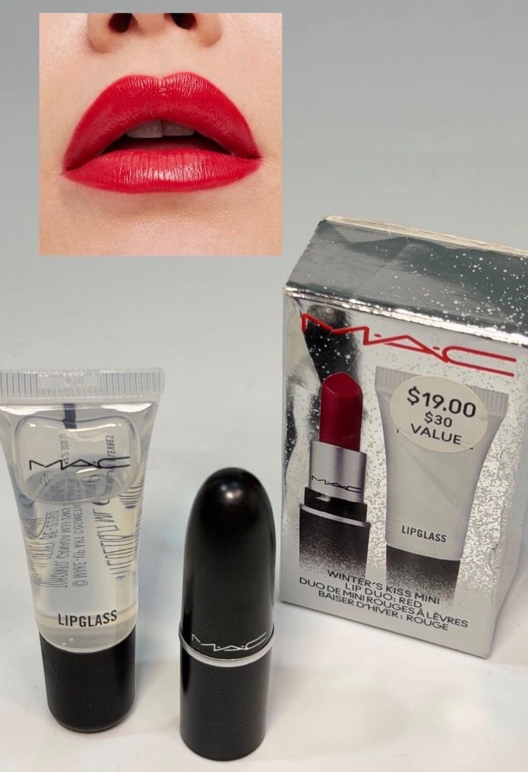 MAC Ruby Woo Matte Lipstick and Winter's Kiss Mini Lip Duo (Category: Makeup) located in Cebu City. Submitted by kyeshamori24 (Listing ID 1464719931, Image 1). Description: - Brand new, unopened MAC makeup bundle with original boxes included - Includes the iconic 691 Ruby Woo matte lipstick in the new Maximal formula - Features the Winter's Kiss mini lip duo with a matching lipstick and a clear lipglass - Perfect set for achieving stunning, class