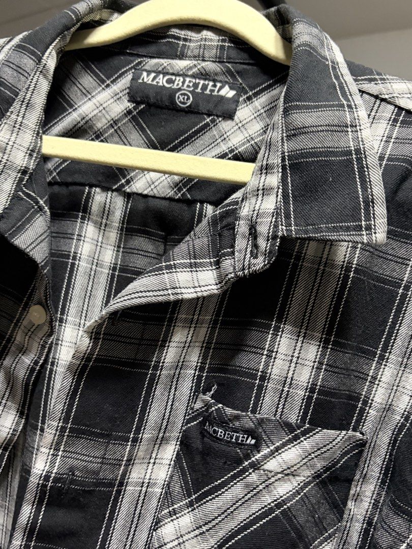 Macbeth Black White Plaid Button Up Shirt XL (Category: Tshirts & Polo Shirts ) located in Manila. Submitted by finderskeepersmnl_092026 (Listing ID 1464745244, Image 2). Description: - Brand: Macbeth - Design: Black and white plaid flannel shirt - Size: XL - Features: Button-down front, pointed collar, single chest pocket with brand patch, long sleeves with buttoned cuffs - Style: Casual streetwear, perfect for layering over tees - Condition: Ex