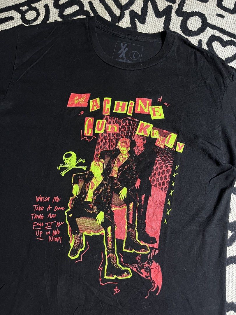 Machine Gun Kelly Black Graphic Tee Size L (Category: Tshirts & Polo Shirts ) located in Silang. Submitted by yusthrift (Listing ID 1464722226, Image 2). Description: - Item: Machine Gun Kelly Graphic T-Shirt - Color: Black - Size: Large (tag printed inside collar) - Design: Front graphic with lyric text print ("Watch Me Take A Good Thing And F*** It All Up In One Night"), clean blank back - Fit: Standard crew neck - Material: 100% Cotton 22 inch