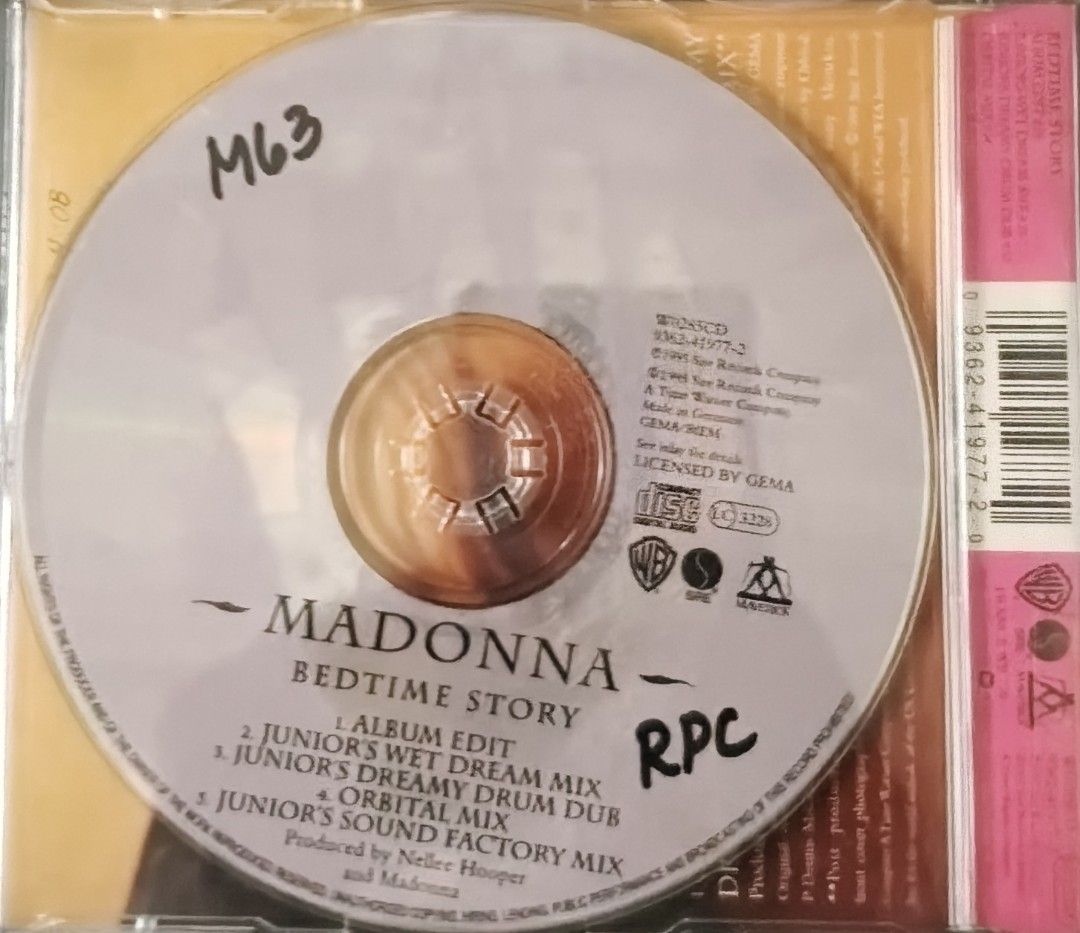 Madonna Bedtime Story CD Album (Category: CDs & DVDs) located in Manila. Submitted by ruelcabrer77078 (Listing ID 1464749088, Image 2). Description: - Artist & Title: Madonna - Bedtime Story (Maxi-CD Single) - Origin: Made in Germany - Packaging: Jewel case with front inlay showing a hand holding a yellow rose - Tracklist includes: Album Edit, Junior's Wet Dream Mix, Junior's Dreamy Drum Dub, Orbital Mix, and Junior's Sound Factory Mix - Conditio