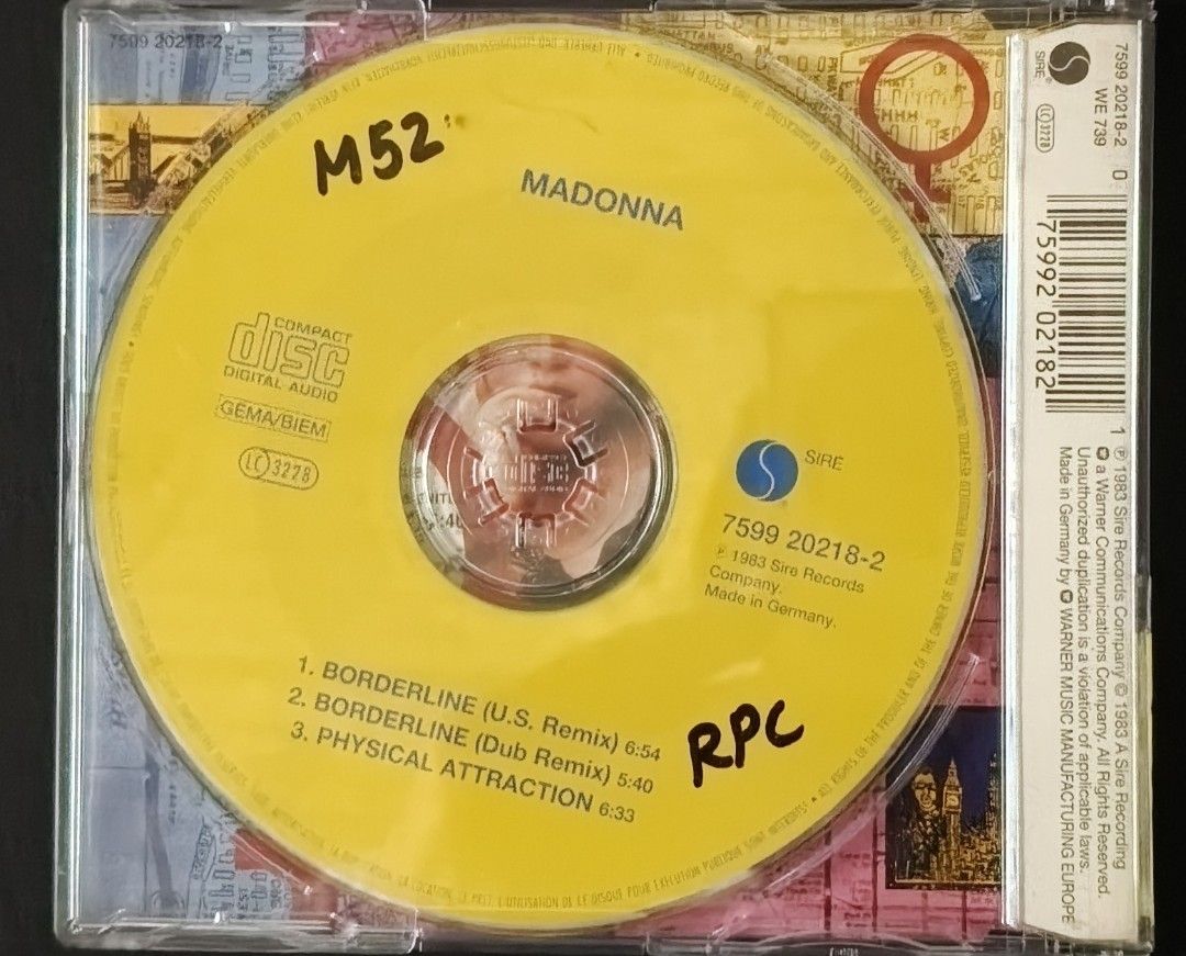 Madonna Borderline US Remix Maxi CD Single (Category: CDs & DVDs) located in Manila. Submitted by ruelcabrer77078 (Listing ID 1464749868, Image 2). Description: - Artist/Title: Madonna - Borderline Maxi Single CD - Label: Sire Records (Made in Germany) - Catalog Number: 7599 20218-2 - Tracklist: US Remix, Dub Remix, and Physical Attraction - Packaging: Jewel case with original inserts - Special Feature: Iconic yellow disc face - Condition: Well-m