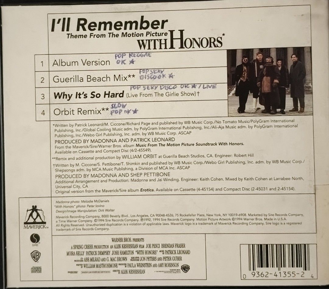 Madonna I'll Remember Theme From With Honors CD Maxi-Single (Category: CDs & DVDs) located in Manila. Submitted by ruelcabrer77078 (Listing ID 1464750036, Image 2). Description: - Artist & Title: Madonna - With Honors Maxi-Single CD - Tracklist (4 Tracks): Album Version, Guerilla Beach Mix, Why It's So Hard (Live from The Girlie Show), and Orbit Remix - Inclusions: Jewel case with front cover art and back inlay - Condition Note: Handwritten notes