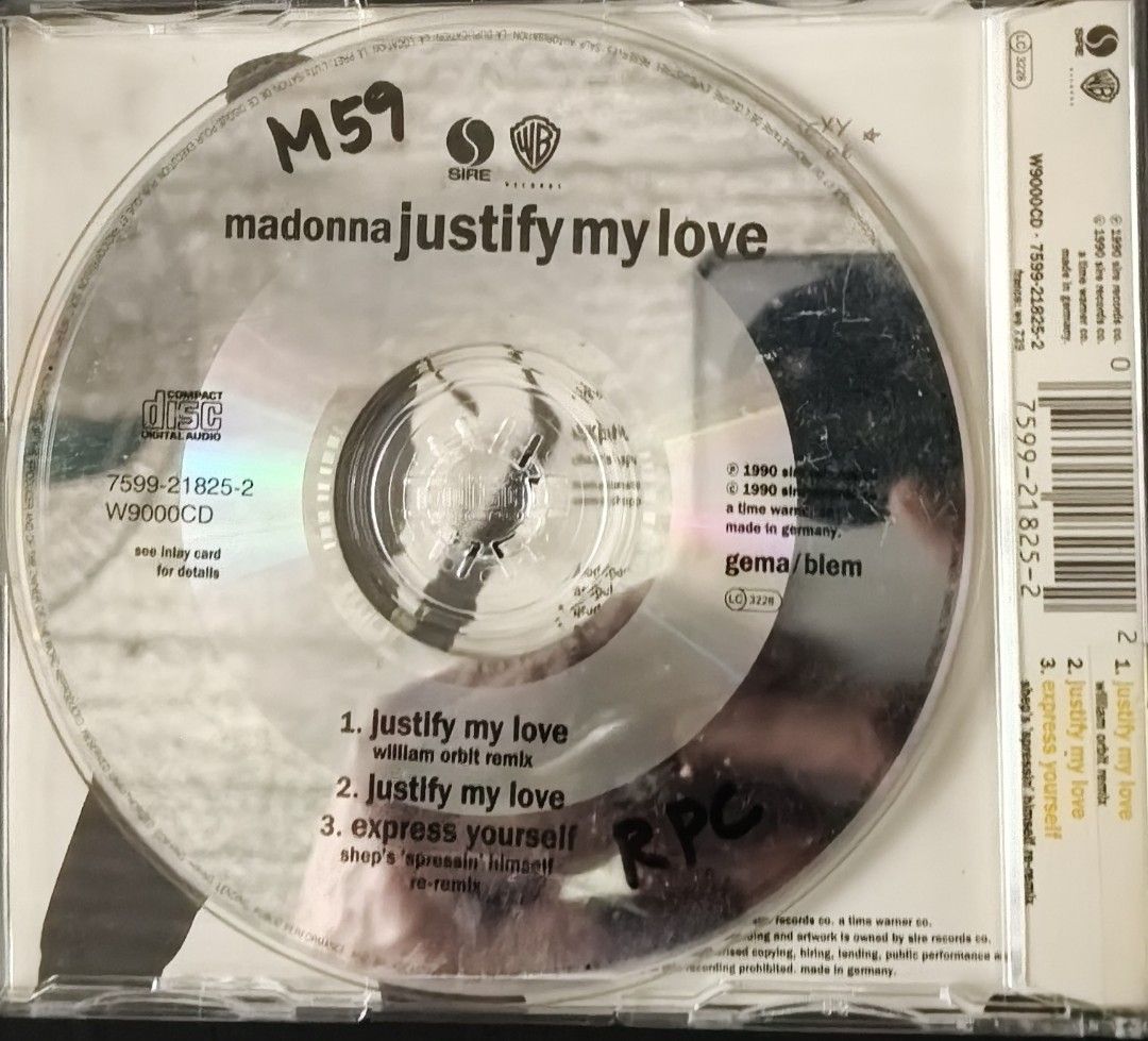 Madonna Justify My Love William Orbit Remix CD Single (Category: CDs & DVDs) located in Manila. Submitted by ruelcabrer77078 (Listing ID 1464748871, Image 2). Description: - Artist & Title: Madonna - Justify My Love CD Single (William Orbit Remix Version) - Origin: Made in Germany by Sire Records - Tracklist: * Justify My Love (William Orbit Remix) * Justify My Love * Express Yourself (Shep's 'Spressin' Himself Re-Remix) - Inclusions: Original je