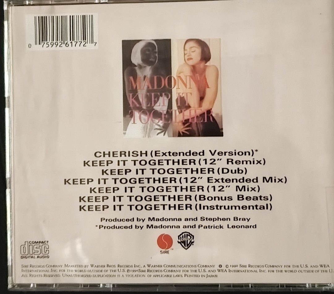 Madonna Keep It Together CD Album (Category: CDs & DVDs) located in Manila. Submitted by ruelcabrer77078 (Listing ID 1464749591, Image 2). Description: - Artist: Madonna - Album: Keep It Together CD (Sire Records) - Packaging: Standard jewel case with barcode on back insert - Producers: Madonna, Stephen Bray, and Patrick Leonard - Includes: Cherish (Extended Version) - Remixes: 12" Remix, Dub, 12" Extended Mix, 12" Mix, Bonus Beats, and Instrumen