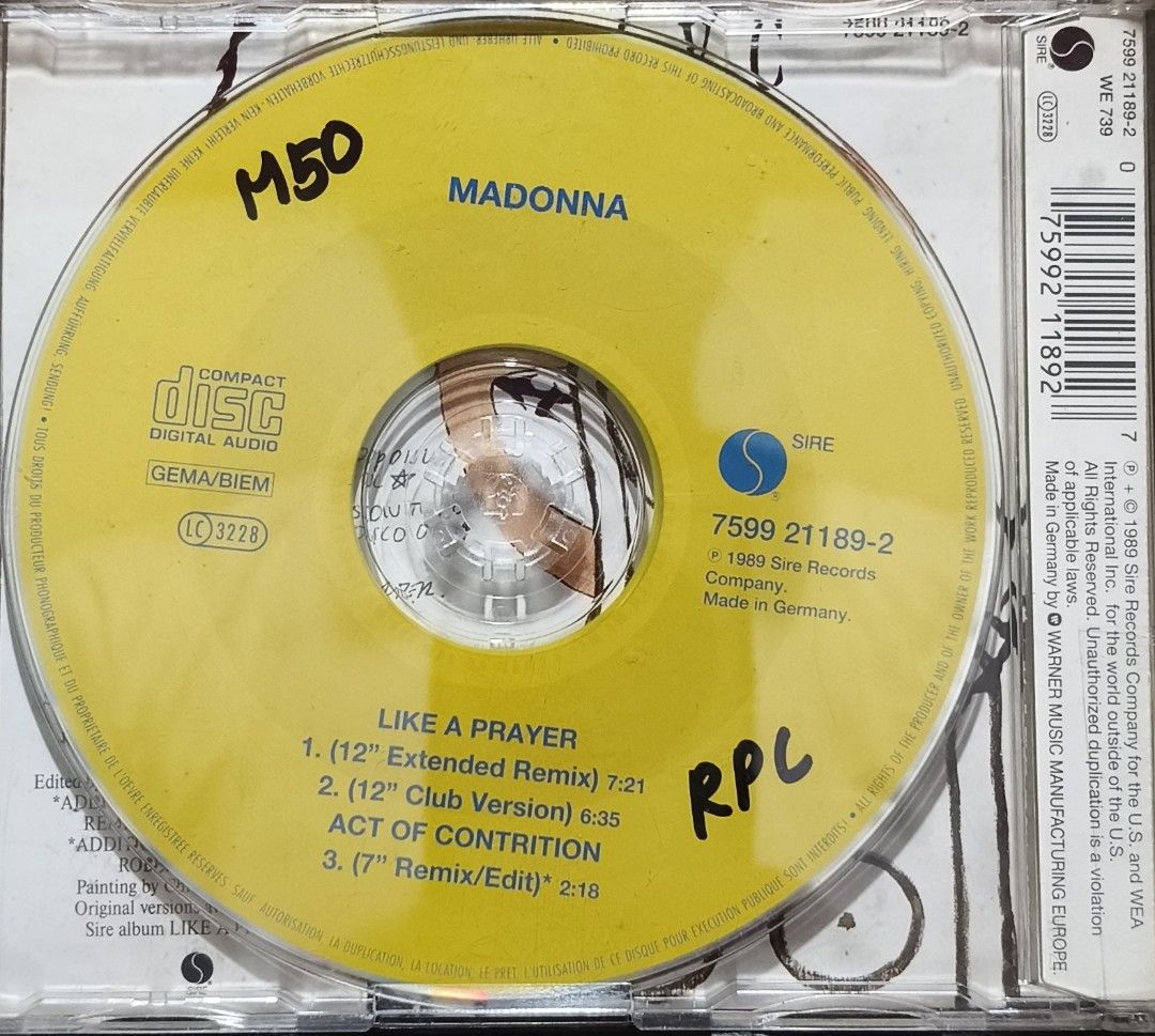 Madonna Like A Prayer CD Maxi-Single (Category: CDs & DVDs) located in Manila. Submitted by ruelcabrer77078 (Listing ID 1464747584, Image 3). Description: Madonna Like A Prayer CD maxi-single released by Sire Records in 1989. Made in Germany. Includes 12-inch extended remix, 12-inch club version, act of contrition, and 7-inch remix/edit. Jewel case packaging with yellow disc featuring track listing and catalogue numbers 7599 21189-2 and WE 739. H