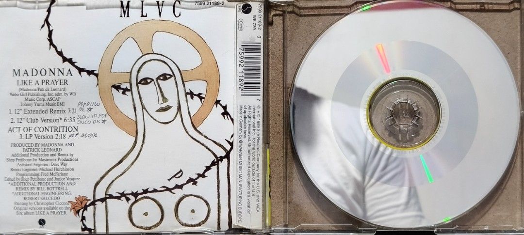 Madonna Like A Prayer CD Maxi-Single (Category: CDs & DVDs) located in Manila. Submitted by ruelcabrer77078 (Listing ID 1464747584, Image 2). Description: Madonna Like A Prayer CD maxi-single released by Sire Records in 1989. Made in Germany. Includes 12-inch extended remix, 12-inch club version, act of contrition, and 7-inch remix/edit. Jewel case packaging with yellow disc featuring track listing and catalogue numbers 7599 21189-2 and WE 739. H