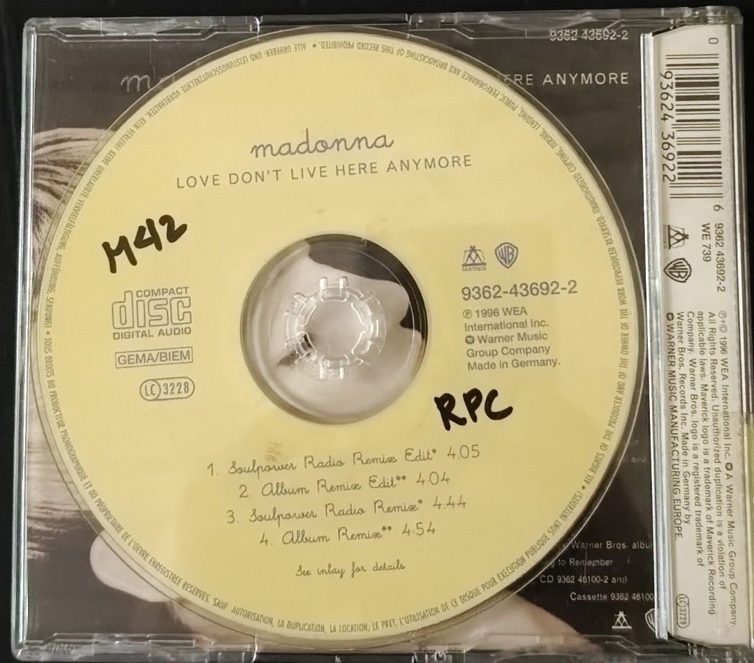 Madonna Love Don't Live Here Anymore CD Single (Category: CDs & DVDs) located in Manila. Submitted by ruelcabrer77078 (Listing ID 1464749944, Image 2). Description: Madonna maxi CD single for Love Don't Live Here Anymore. Released in 1996 by WEA International. Includes four tracks featuring Soulpower and album remixes. Disc has printed markings reading M42 and RPC. Standard jewel case packaging..