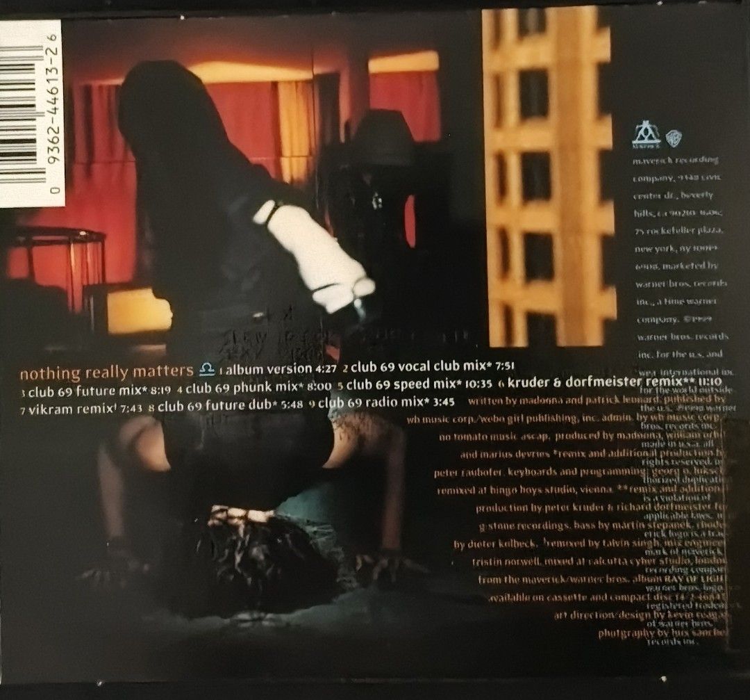 Madonna Nothing Really Matters CD Maxi-Single (Category: CDs & DVDs) located in Manila. Submitted by ruelcabrer77078 (Listing ID 1464748146, Image 2). Description: - Artist & Title: Madonna - Nothing Really Matters - Format: CD Maxi-Single - Label: Maverick / Warner Bros. Records - Release Year: 1999 - Track Count: 9 tracks total - Key Mixes: Club 69, Kruder & Dorfmeister, and Vikram - Packaging: Standard jewel case - Barcode: 0 9362-44613-2 6.
