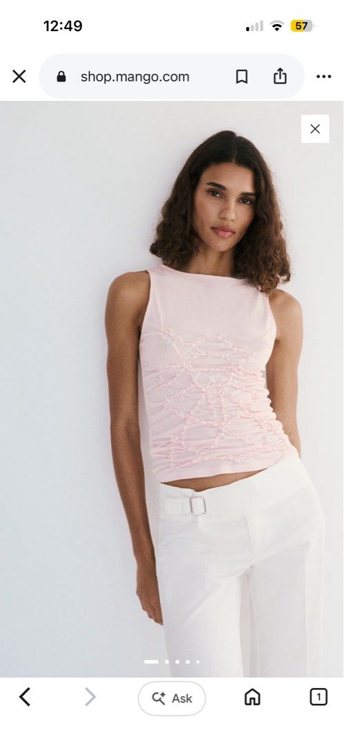 Mango Pink Ruched Sleeveless Tank Top (Category: Sleeveless) located in Baguio. Submitted by pinkynj (Listing ID 1464606676, Image 2). Description: - Cute pink Mango tank top - Unique ruched detail on the front - Sleeveless design, ideal for hot weather - Versatile: pairs well with jeans or white pants - Comfortable and stylish - Original Price: 1695.