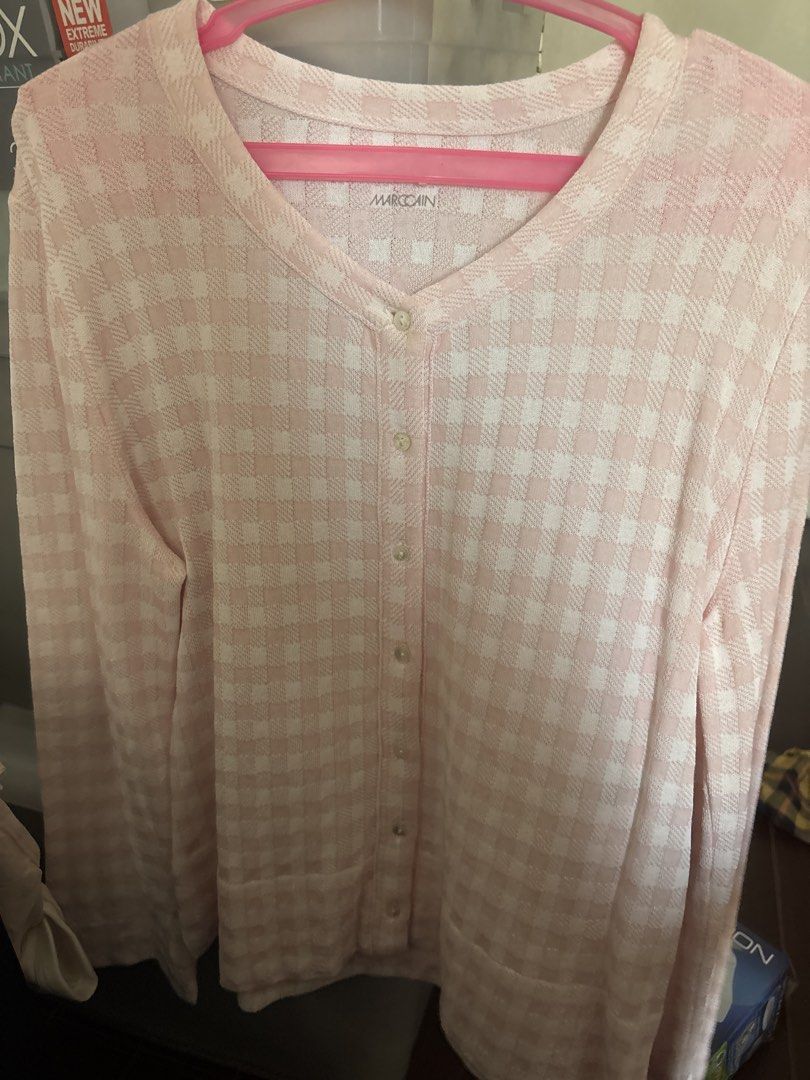 MARCCAIN Pink White Gingham Long Sleeve Button Up Cardigan (Category: Coats, Jackets and Outerwear) located in Manila. Submitted by let_usdeclutter (Listing ID 1464647306, Image 1). Description: - Cute pink and white gingham pattern - Long sleeves - Button-up front - Subtle textured fabric - Ideal for comfortable, casual layering - can fit medium to large girlies .