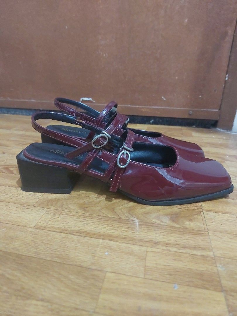 Maroon Mary Jane Heels Bundle (Category: Heels) located in Pasig City. Submitted by jazzfinds (Listing ID 1464720763, Image 3). Description: - Bundle Maroon/Ref Mary Jane Shoes - Size: 39 on shoes but can fit 38 or 24.5cm - Toe Shape: Square toe - Style 1: Closed backs with double straps - Style 2: Block heels with back straps and double straps - Aesthetic: Perfect for lolita, coquette, and vintage outfits - Condition: Clean insoles.