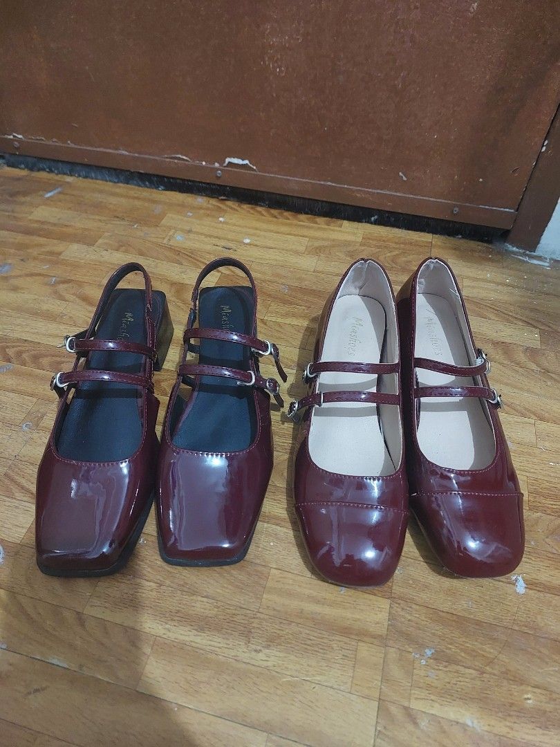Maroon Mary Jane Heels Bundle (Category: Heels) located in Pasig City. Submitted by jazzfinds (Listing ID 1464720763, Image 1). Description: - Bundle Maroon/Ref Mary Jane Shoes - Size: 39 on shoes but can fit 38 or 24.5cm - Toe Shape: Square toe - Style 1: Closed backs with double straps - Style 2: Block heels with back straps and double straps - Aesthetic: Perfect for lolita, coquette, and vintage outfits - Condition: Clean insoles.