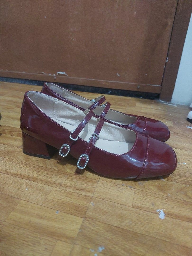 Maroon Mary Jane Heels Bundle (Category: Heels) located in Pasig City. Submitted by jazzfinds (Listing ID 1464720763, Image 2). Description: - Bundle Maroon/Ref Mary Jane Shoes - Size: 39 on shoes but can fit 38 or 24.5cm - Toe Shape: Square toe - Style 1: Closed backs with double straps - Style 2: Block heels with back straps and double straps - Aesthetic: Perfect for lolita, coquette, and vintage outfits - Condition: Clean insoles.