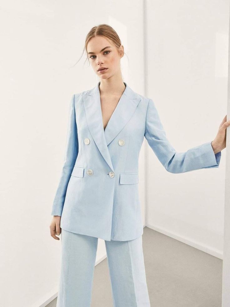 Massimo Dutti Light Blue Double-Breasted Linen Blend Blazer (Category: Coats, Jackets and Outerwear) located in Caloocan City. Submitted by declutteringph. (Listing ID 1464737083, Image 2). Description: Size EU38 on the tag! Dimensions: (inches) Shoulder width: 13.5” Bust width: 18” Body Length: 28” Sleeves Length: 24”.