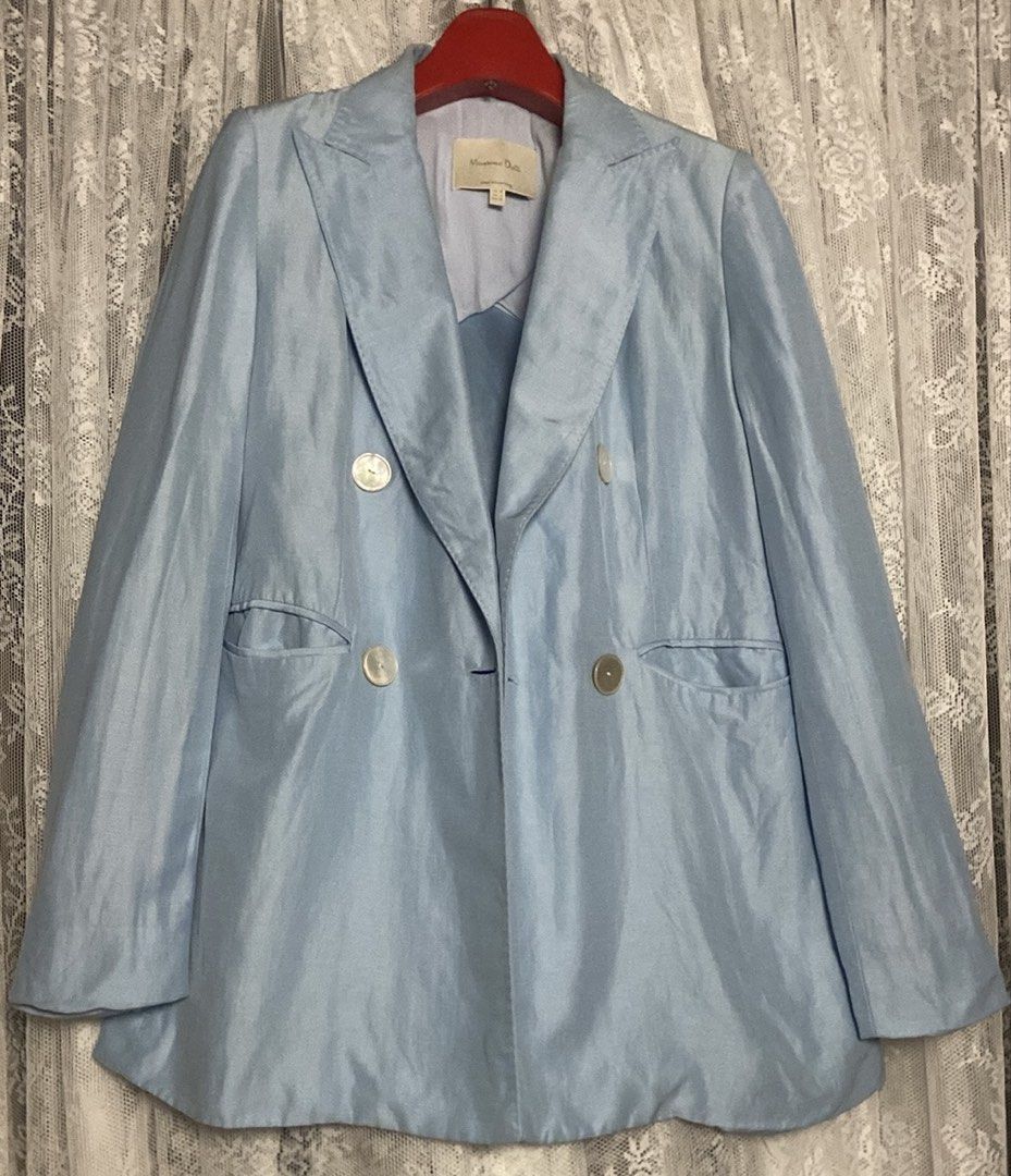 Massimo Dutti Light Blue Double-Breasted Linen Blend Blazer (Category: Coats, Jackets and Outerwear) located in Caloocan City. Submitted by declutteringph. (Listing ID 1464737083, Image 3). Description: Size EU38 on the tag! Dimensions: (inches) Shoulder width: 13.5” Bust width: 18” Body Length: 28” Sleeves Length: 24”.