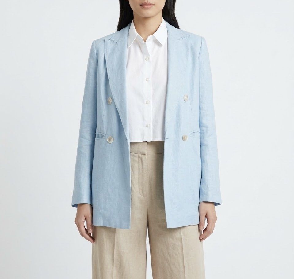 Massimo Dutti Light Blue Double-Breasted Linen Blend Blazer (Category: Coats, Jackets and Outerwear) located in Caloocan City. Submitted by declutteringph. (Listing ID 1464737083, Image 1). Description: Size EU38 on the tag! Dimensions: (inches) Shoulder width: 13.5” Bust width: 18” Body Length: 28” Sleeves Length: 24”.