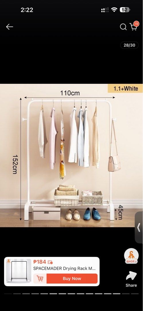 Metal Clothes Drying Rack 110*45*152CM White (Category: Clothes Drying Rack) located in Quezon City. Submitted by _angelikapena (Listing ID 1464638884, Image 2). Description: - White metal SPADEMADER drying rack - Dimensions: 110cm (W) x 45cm (D) x 152cm (H) - Ideal for hanging clothes and bags - Bottom shelf for baskets and shoes - Easy to assemble and portable - Helps organize your space effectively.