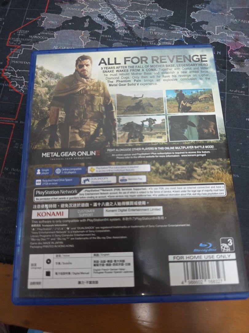 Metal Gear Solid V(5): The Phantom Pain PS4 (Category: PlayStation) located in Santa Rosa. Submitted by oddzyodd (Listing ID 1464727848, Image 2). Description: Physical disc and case, pre-owned, few scratches and dirt on disc, no issues, working. Slightly negotiable price PAYMENT FIRST, BUYER PAYS SHIPPING.