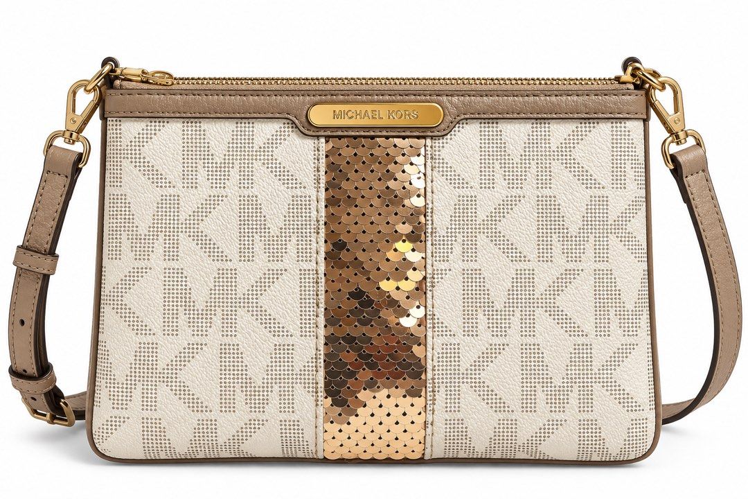 Michael Kors MK Logo Crossbody Bag with Sequins (Category: Cross-body Bags) located in Tarlac. Submitted by kayeshe (Listing ID 1464734564, Image 1). Description: - 100% Authentic - White and tan signature MK monogram print with bronze-gold sequin center stripe - Bronze metallic leather trim and adjustable strap - Secure top zip closure with gold-tone hardware - Interior features signature lining, slip pocket, and MK logo patch - Compact size, id