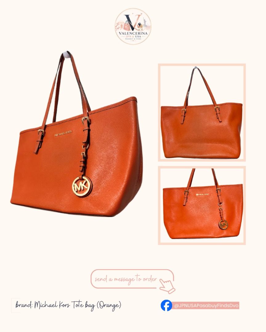 Michael Kors Orange Leather Tote Bag (Category: Luxury Bags & Wallets) located in Caloocan City. Submitted by jpnusapasabuyfindsdvo (Listing ID 1463515634, Image 1). Description: Michael Kors Jet Set Travel Medium Saffiano Leather Tote (Orange) - Authentic Orange Michael Kors tote bag - Genuine leather material - Elegant gold hardware details - Iconic MK charm hanging from the strap - Very spacious interior, ideal for everyday essentials - Meticu