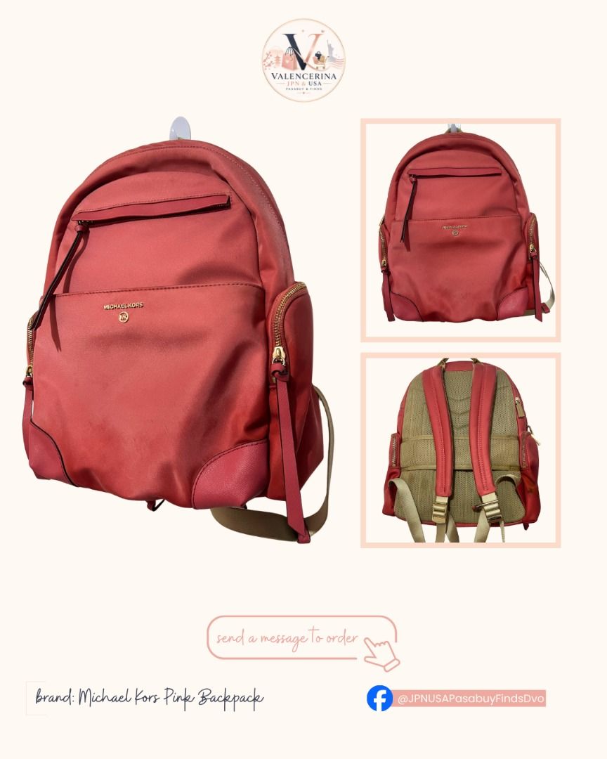 Michael Kors Pink Nylon Backpack (Category: Backpacks) located in Davao. Submitted by jpnusapasabuyfindsdvo (Listing ID 1463902730, Image 1). Description: Michael Kors Prescott Large Nylon Backpack (Coral/Pink) - Pink Michael Kors backpack - Material: Nylon with leather trim - Features: Main compartment, front zip pocket - Hardware: Gold details - Straps: Adjustable shoulder straps - Ideal for: Everyday use or travel PRICE NEGOTIABLE, SEND US YOU