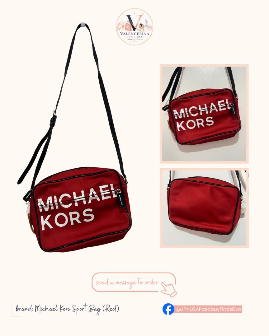 Michael Kors Red Nylon Crossbody Bag (Category: Cross-body Bags) located in Davao. Submitted by jpnusapasabuyfindsdvo (Listing ID 1463901949, Image 1). Description: - NEVER USED WITH A TAG, BOUGHT FROM US. - Red Michael Kors crossbody bag - Durable nylon material with black trim - Features a large white Michael Kors logo on the front - Secure zipper closure - Adjustable strap for comfortable wear - Ideal for everyday use - Spacious interior for y
