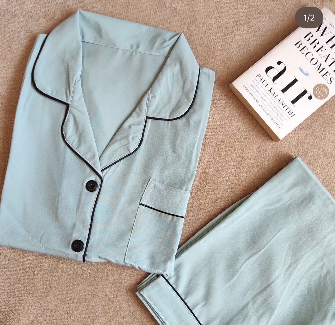 Mint green Sleepwear set (Category: Undergarments & Loungewear) located in Manila. Submitted by chavirly (Listing ID 1464713238, Image 1). Description: - Color: Mint green with stylish black contrast piping - Set includes: Button-up shortsleeves top with lapel collar and breast pocket, plus matching long pants - Material: Soft and lightweight chiffon fabric for ultimate comfort - Condition: Brand new, unworn, and neatly folded - Perfect for loung