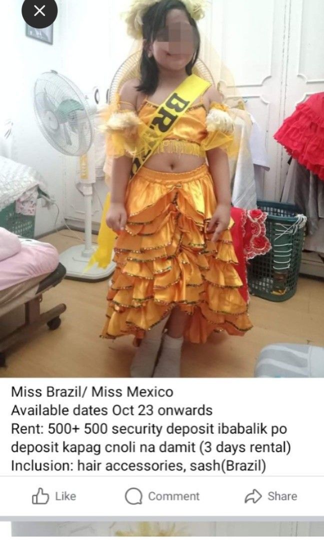 Miss Brazil/Mexico costume (Category: Traditional & Ethnic wear) located in Quezon City. Submitted by Mayas_Warehouse (Listing ID 1464587816, Image 1). Description: For rent only-350 -security deposit-350 (ibabalik pagtapos gamitin) - 2 days rental - complete accesories (earrings,headress,sash,necklace) for 6-10 years old.
