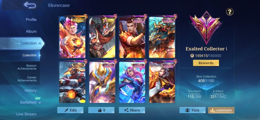 mlbb acc (Category: Game Gift Cards & Accounts) located in Singapore. Submitted by pokeraid6767 (Listing ID 1464673513, Image 3). Description: highest rank 723 ex global 29 suyou 4 naruto - sasuke, itachi, sakura, naruto 4 cc - yss, arlott, valir, natan brody neobeast moskov allstar offer me in pm.