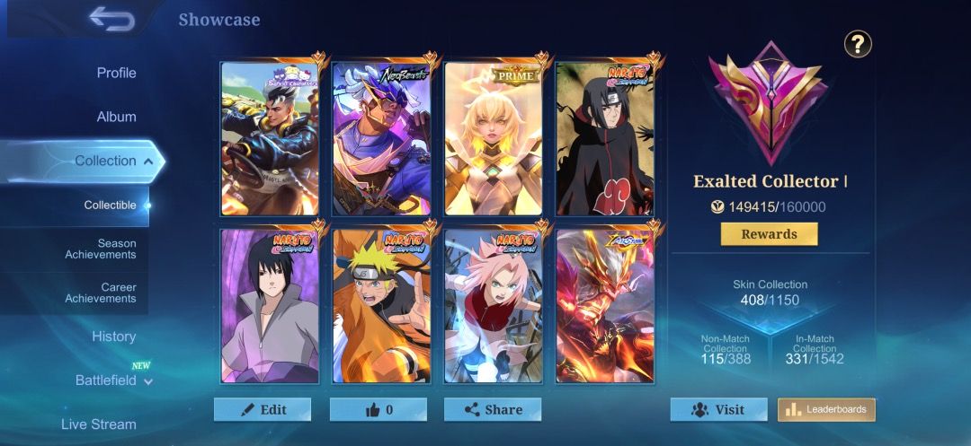 mlbb acc (Category: Game Gift Cards & Accounts) located in Singapore. Submitted by pokeraid6767 (Listing ID 1464673513, Image 2). Description: highest rank 723 ex global 29 suyou 4 naruto - sasuke, itachi, sakura, naruto 4 cc - yss, arlott, valir, natan brody neobeast moskov allstar offer me in pm.