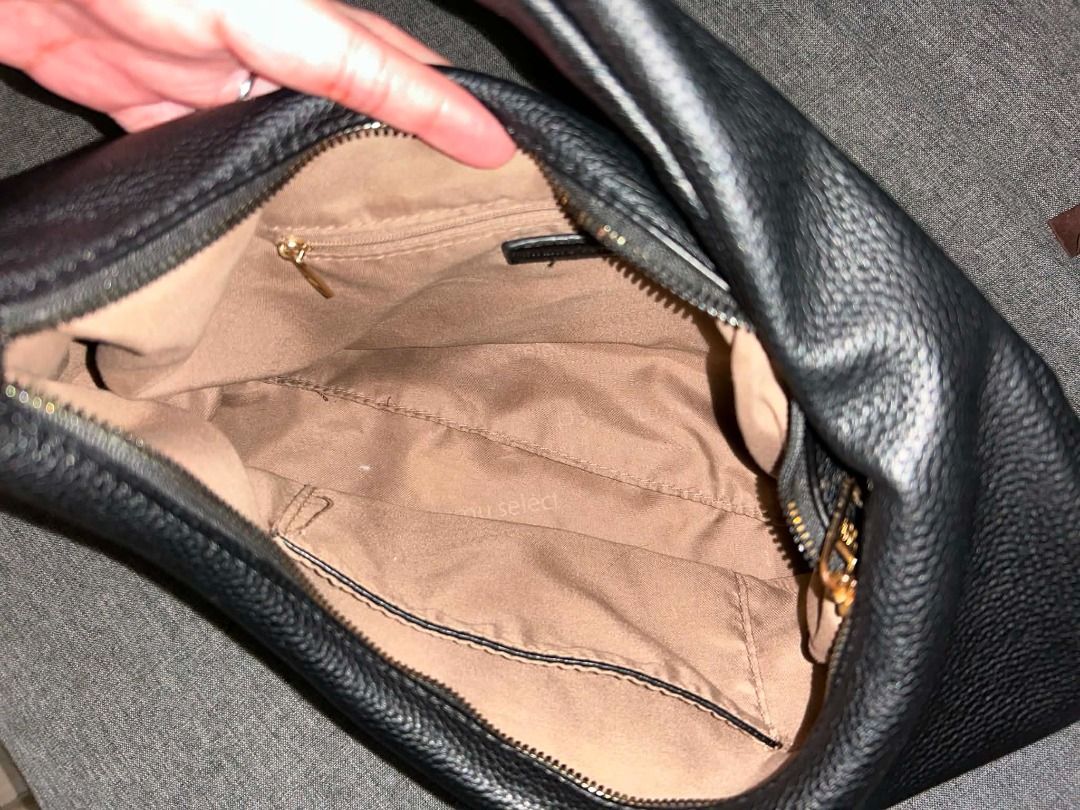 MUMUSELECT Soft Black Pebbled Leather Hobo Bag (Category: Shoulder Bags) located in Bulacan. Submitted by jseongcart_ (Listing ID 1464571025, Image 2). Description: Like new, kasya A5 notebook and kaya mabigat na gamit Dimensions:, Length: 39 cm, Height: 32 cm, Width: 9 cm, and Weight: 0.35 kg Rfs: Decluttering ----------------- - Black pebbled leather hobo bag - Secure zipper closure - Interior zip pocket and slip pocket - Elegant gold-tone hard