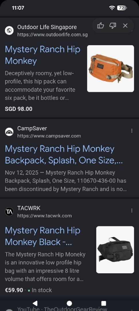 Mystery Ranch Hip Monkey (Category: Belt bags, Clutches and Pouches) located in Naga. Submitted by kenshin78 (Listing ID 1464731986, Image 3). Description: - Brand: Mystery Ranch Hip Monkey - Capacity: 8 litres (fits EDC gear, water bottles, or a 6-pack) - Versatile wear: Can be worn around the waist or as a crossbody bag - Comfort: Features a padded back panel for all-day support - Condition: good as new with original product tag attached - 100%