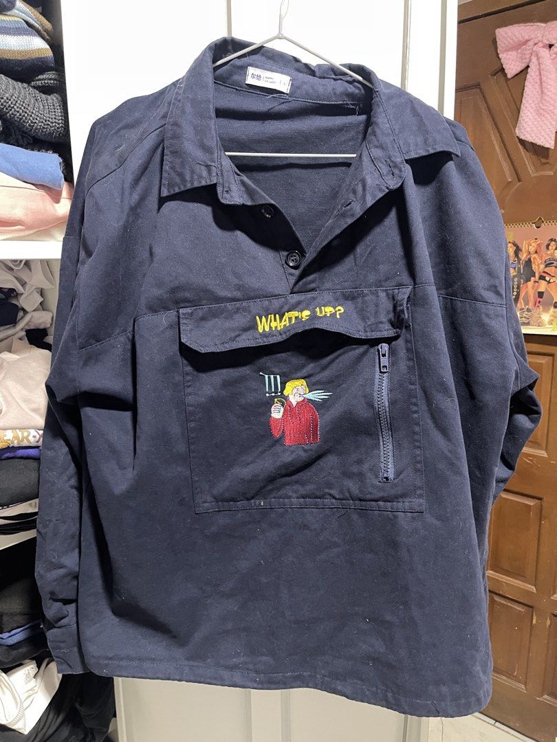 Navy Blue Jacket with "WHAT'S UP" Embroidery (Category: Coats, Jackets and Outerwear) located in Mariveles. Submitted by nahtmystyle (Listing ID 1460268267, Image 2). Description: fits xl frame - yung parang string sa baba niya to tighten the jacket is not functional na - good fabric! di ko lang alam ano tawag but its thick loc: bataan mop: gcash mod: flash express.