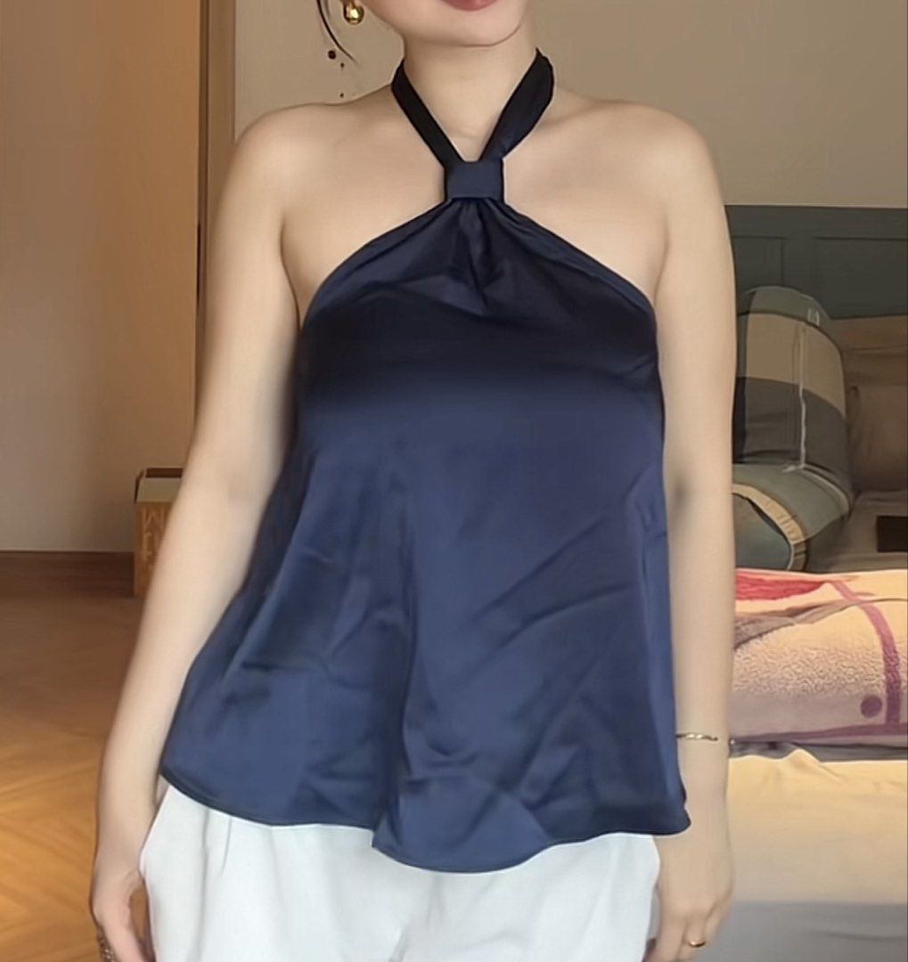 Navy Blue Satin Halter Neck Top (Category: Others Tops) located in Manila. Submitted by glossywife (Listing ID 1464604526, Image 2). Description: Used once only! Mop: GCash / Bank Transfer Mod: GrabExpress / J&T / Lalamove Brandy Melville Zara Isa the label H&M Cotton On Stradivarius Phia Hollister Subdued John Galt Miu the label Traje Linen Bershka Aritzia Princess Polly Free People Realisation Par Meshki Oh Polly Pacsun Jaded London With Jean F