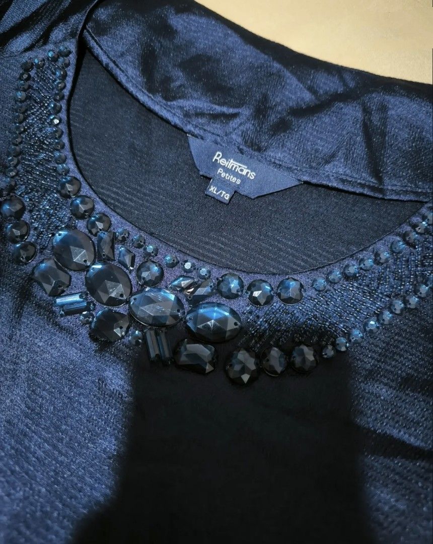 Navy blue silk beaded blouse (Category: Blouses) located in Manila. Submitted by wearforce (Listing ID 1464593737, Image 2). Description: Navy blue silk beaded blouse can fit M-L good condition no issues color rate 9/10 150 + sf.