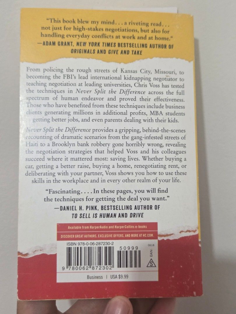 Never Split the Difference by Chris Voss - Negotiation Book (Category: Storybooks) located in Santa Rosa. Submitted by prelovvdd (Listing ID 1464603438, Image 2). Description: - Learn negotiation tactics from a former FBI hostage negotiator. - Discover field-tested tools for talking anyone into (or out of) anything. - Handle high-stakes negotiations, business deals, and everyday conflicts. - A riveting read with practical, actionable advice..