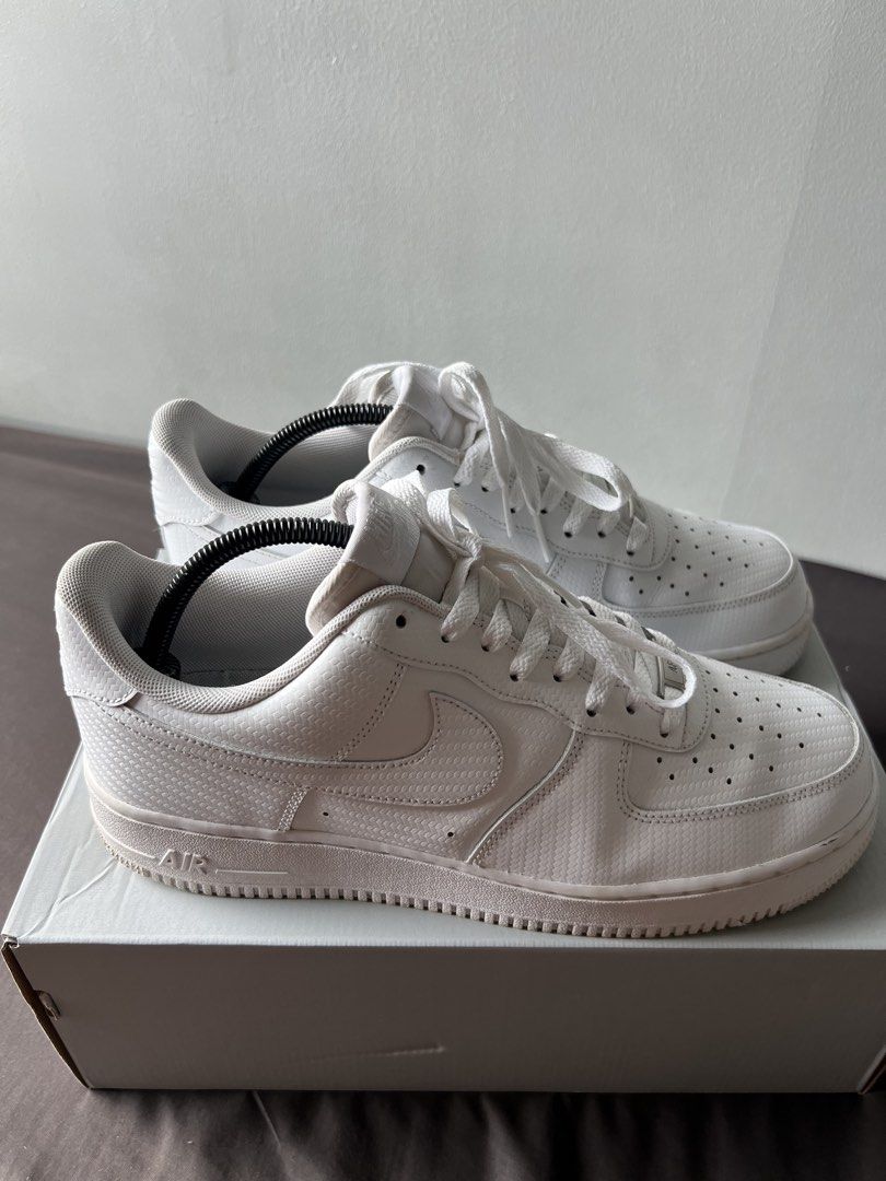 Nike Air Force 1 “textured” (Category: Sneakers) located in Mandaluyong City. Submitted by minimalmeowguy (Listing ID 1464580467, Image 3). Description: Nike Air Force 1 “textured” - tiny woven details. Not your ordinary af1 - 9/10 condition. Well taken care of. Minor heel and toe drags. Barely noticeable as seen on the photos - size 10.5 us - not my style anymore.