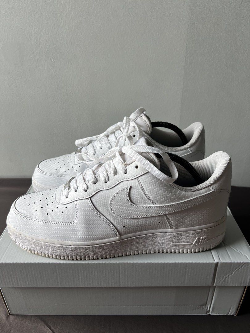 Nike Air Force 1 “textured” (Category: Sneakers) located in Mandaluyong City. Submitted by minimalmeowguy (Listing ID 1464580467, Image 2). Description: Nike Air Force 1 “textured” - tiny woven details. Not your ordinary af1 - 9/10 condition. Well taken care of. Minor heel and toe drags. Barely noticeable as seen on the photos - size 10.5 us - not my style anymore.