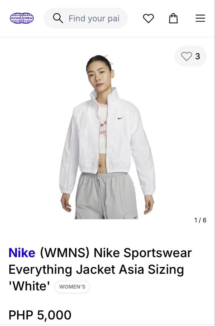 Nike Sportswear Everything Jacket Asia Sizing White (Category: Coats, Jackets and Outerwear) located in Jamindan. Submitted by darinville30528 (Listing ID 1464609337, Image 1). Description: - White Nike Jacket - Asia Sizing - Full Zip Closure - Elasticated Cuffs and Hem - Small Nike Swoosh Logo on Chest - Ideal for Everyday Wear or Light Workouts.