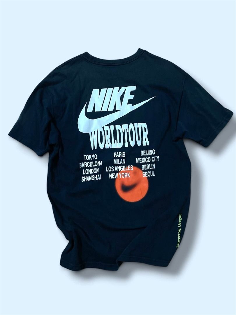 NIKE WORLD TOUR SHIRT (Category: Activewear) located in Bambang. Submitted by badobado.ph (Listing ID 1464577398, Image 1). Description: NIKE WORLD TOUR Size and Dimes: Fits Large | 20.5 Width - 28 Length Color rate:9/10 Condition: Excellent Issue: slight fade on end of the sleeve.