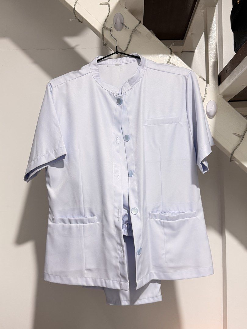 OLFU Nursing Uniform set (Category: Sets or Coordinates) located in Rizal. Submitted by gwencd17 (Listing ID 1464637378, Image 1). Description: used once for board exam no school patch measurements in inches pants (garterized waistband at the back) waist - 34 length - 38 front rise - 11 back rise - 13.5 upper thigh - 12.5 leg opening - 6.5 inches top chest - 16 waist - 17.5 length - 24 sleeve - 8.5 .