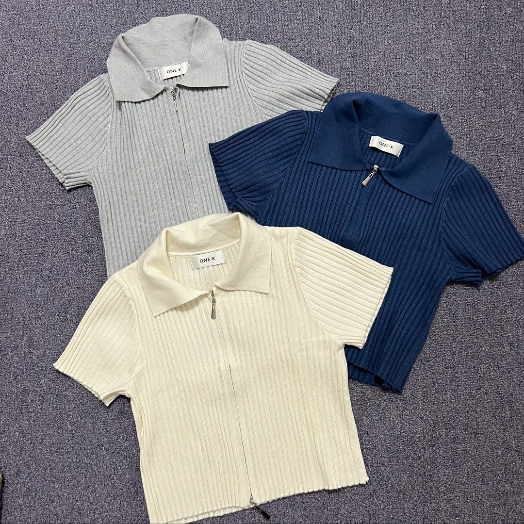 One-K Double Zip Knitted Top (Category: Others Tops) located in Las Pinas. Submitted by bangtanbey (Listing ID 1464730619, Image 1). Description: ONE-K - one of the best stores for knitted tops sa Bangkok Blue - used once Gray and Cream - never used, washed only 250 each. Get all for 200 each! Free size .