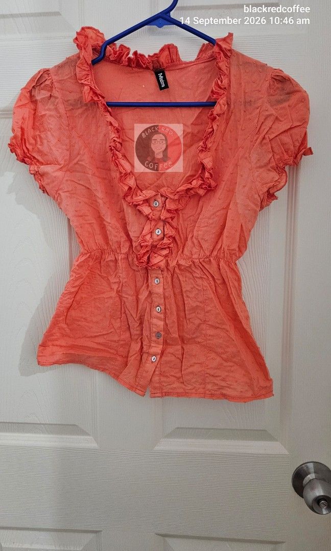 Orange Babydoll Top (Category: Blouses) located in Quezon City. Submitted by blackredcoffee (Listing ID 1464609240, Image 1). Description: - garterized waist - for small frame ➡️Measurements⬅️ XS width: 14.5 inches length: 21 inches.