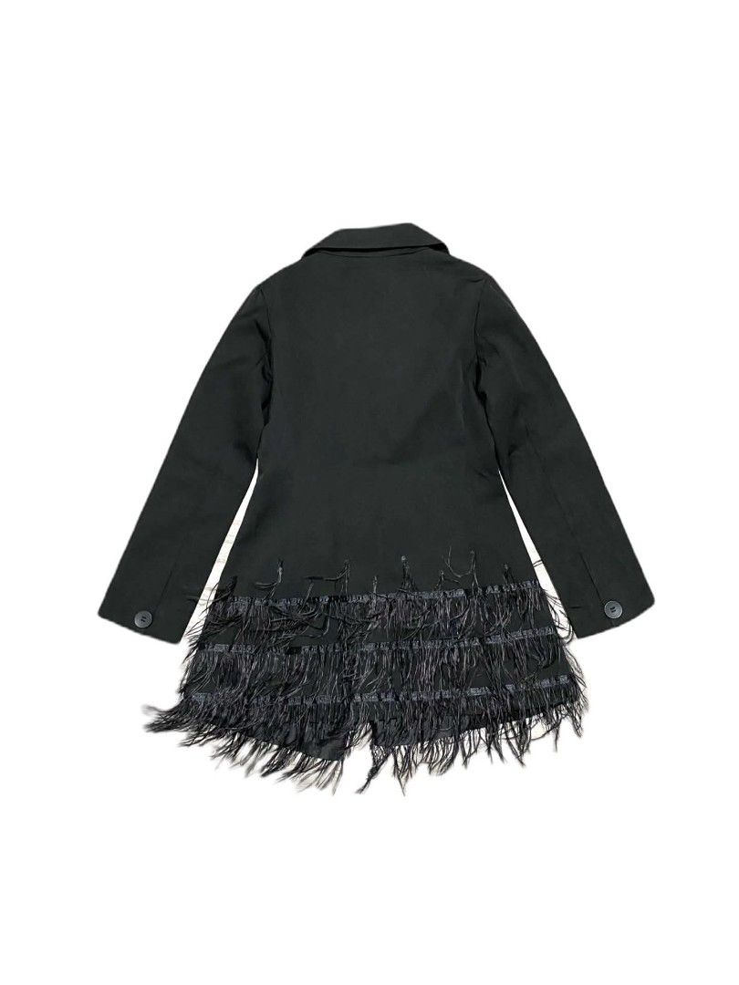 Orso's Black Feather Trim Satin Lapel Blazer Jacket (Category: Coats, Jackets and Outerwear) located in Manila. Submitted by jc.dingz1024 (Listing ID 1464688207, Image 2). Description: - Brand: Orso's - Condition: Brand new with original store tag attached - Size: S - Color: Black - Details: Satin lapel collar, double-button front closure, long sleeves - Unique feature: Lower hem with layered black feather and fringe detail - Perfect for parties,